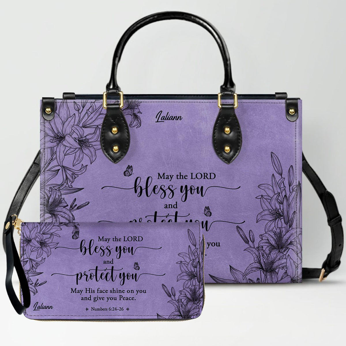 CHRISTIANARTBAG Personalized Purple Leather Bag - Custom Bible Verse Handbag - Floral Christian Gifts for Her - Numbers 6:24-26 Blessing Tote