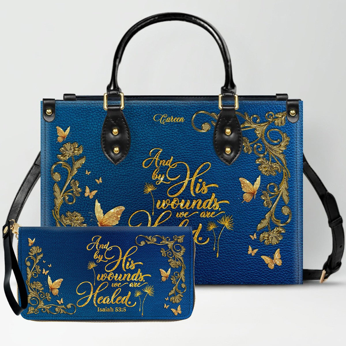 Personalized Christian Leather Handbag – Gold Navy Bible Verse Tote for Women | CHRISTIANARTBAG CAB0241426