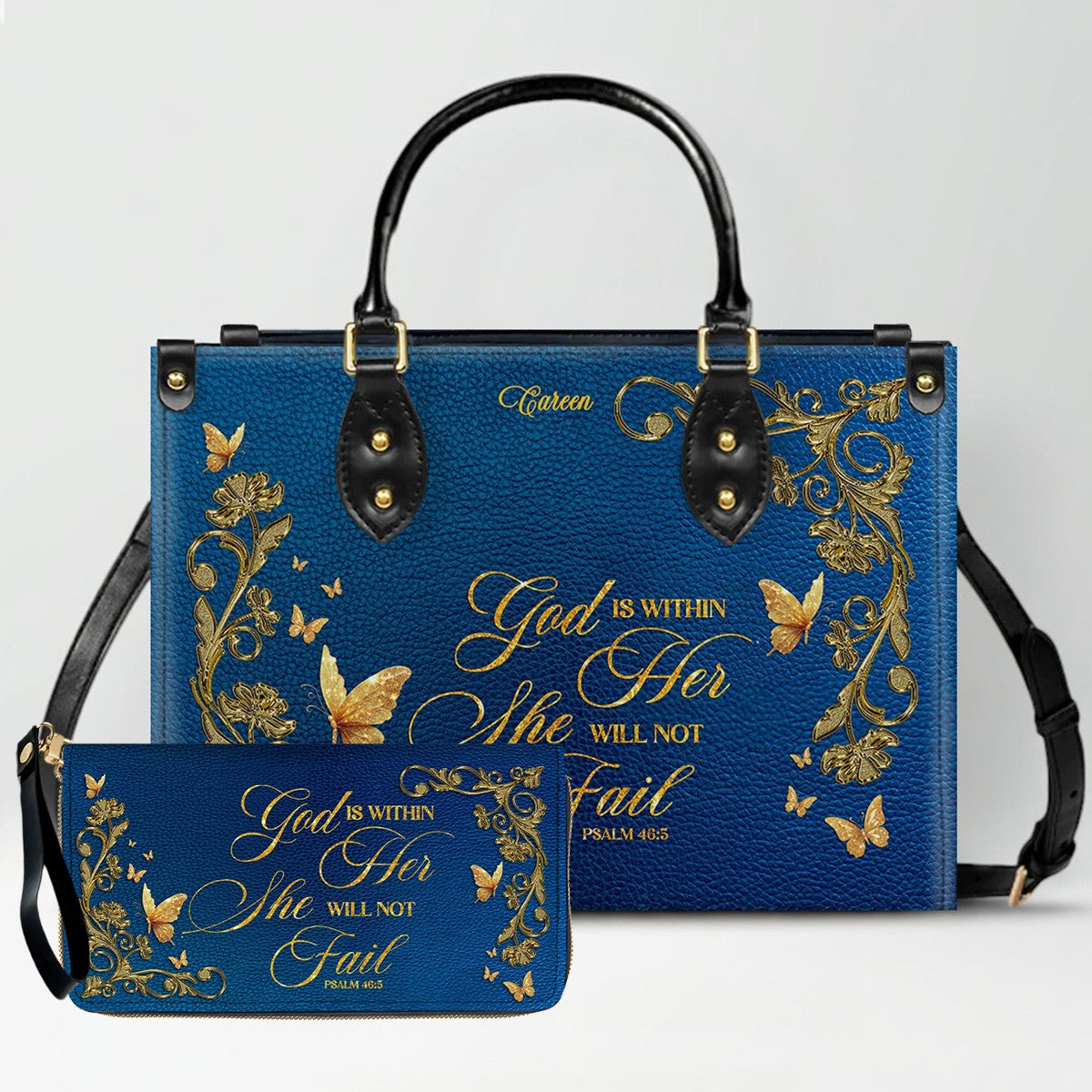 Personalized Christian Leather Handbag – Gold Navy Bible Verse Tote for Women | CHRISTIANARTBAG CAB01122525