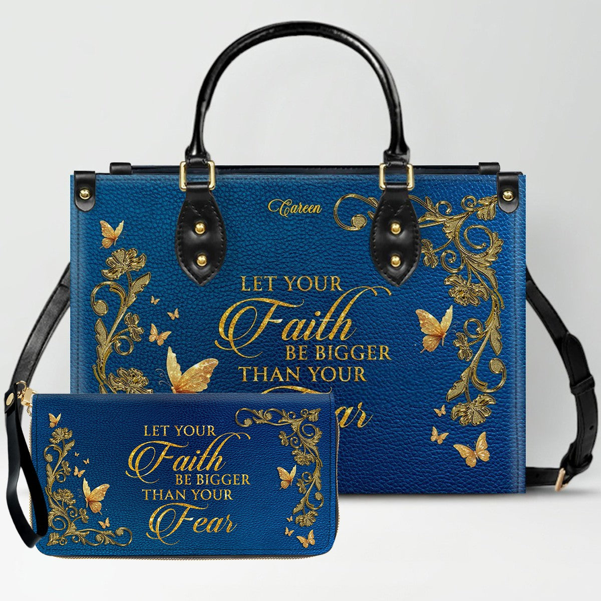 Personalized Christian Leather Handbag – Gold Navy Bible Verse Tote for Women | CHRISTIANARTBAG CAB0241426