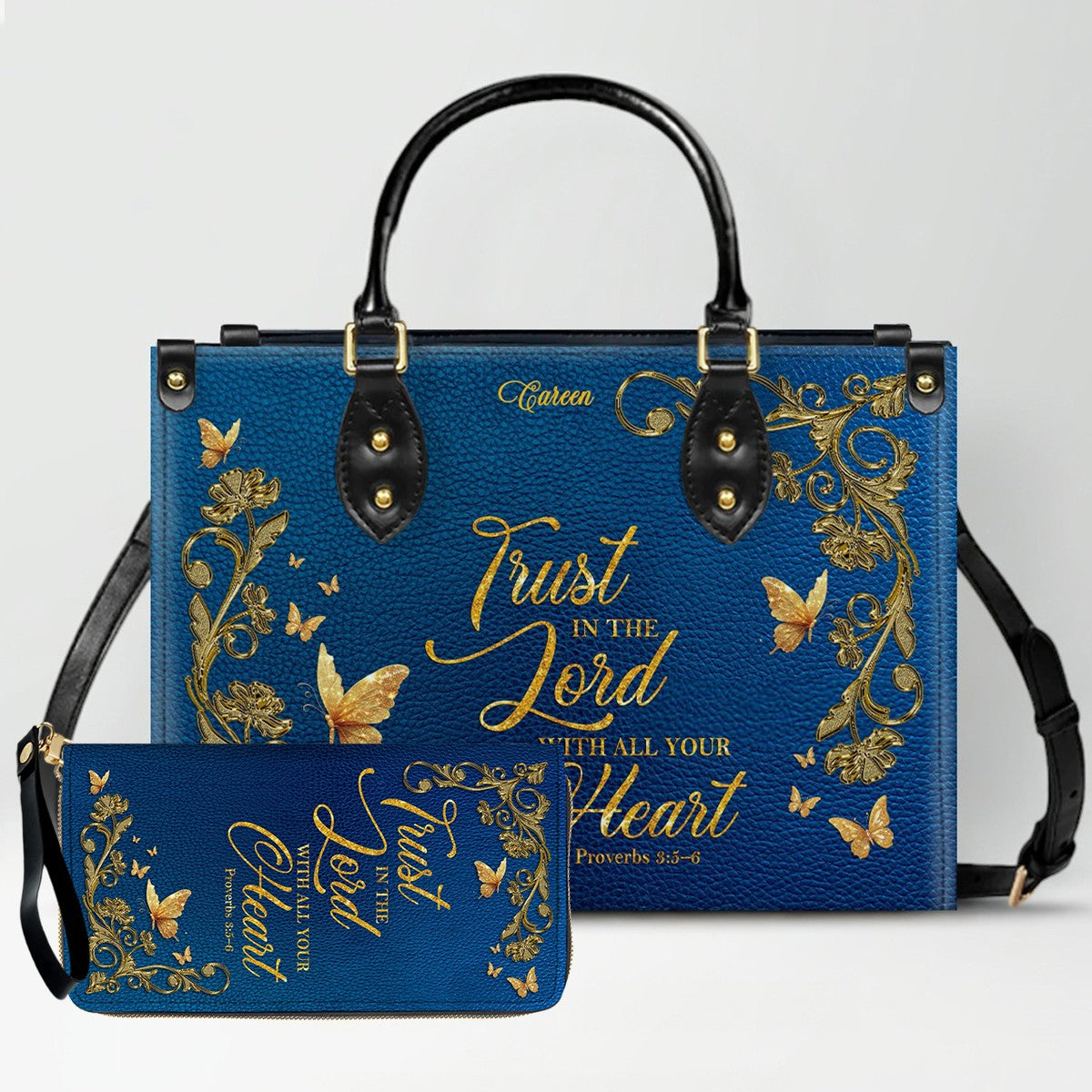 Personalized Christian Leather Handbag – Gold Navy Bible Verse Tote for Women | CHRISTIANARTBAG CAB01122525