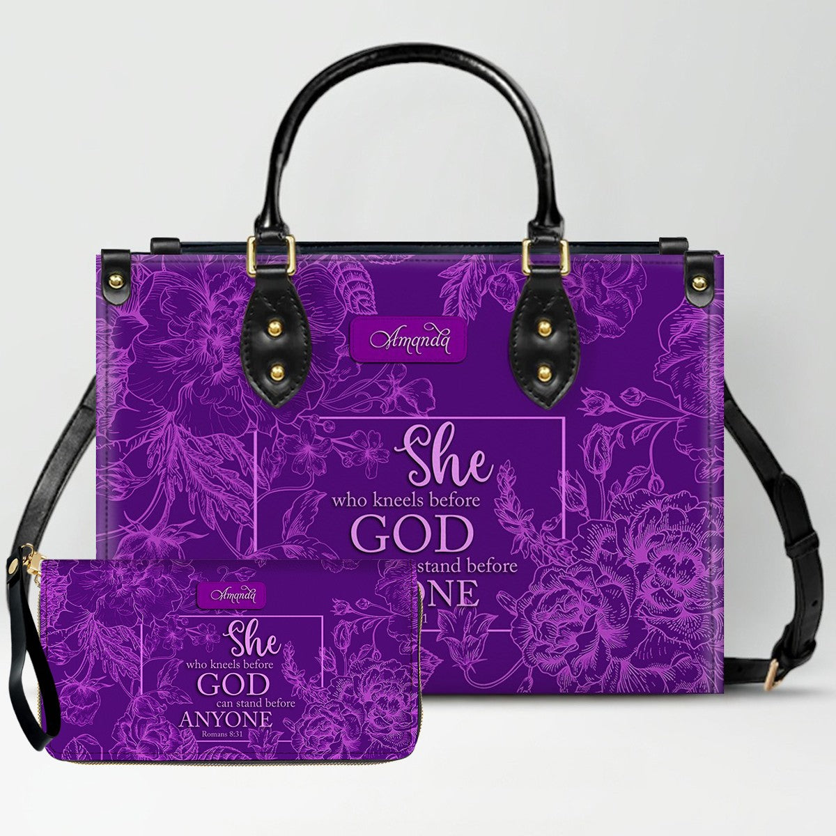 CHRISTIANARTBAG Personalized Leather Handbag | Custom Name Christian Bible Verse Tote Bag | Floral Purple Crossbody Purse for Religious Women Gift CAB017926