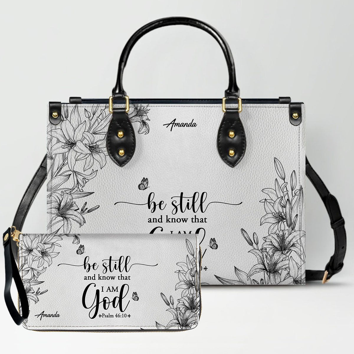 CHRISTIANARTBAG Personalized SET White Leather Bag with Wallet - Custom Bible Verse Handbag - Floral Christian Gifts for Her - Numbers 6:24-26 Blessing Tote