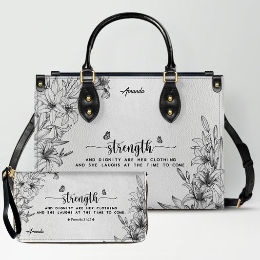 CHRISTIANARTBAG Personalized SET White Leather Bag with Wallet - Custom Bible Verse Handbag - Floral Christian Gifts for Her - Numbers 6:24-26 Blessing Tote