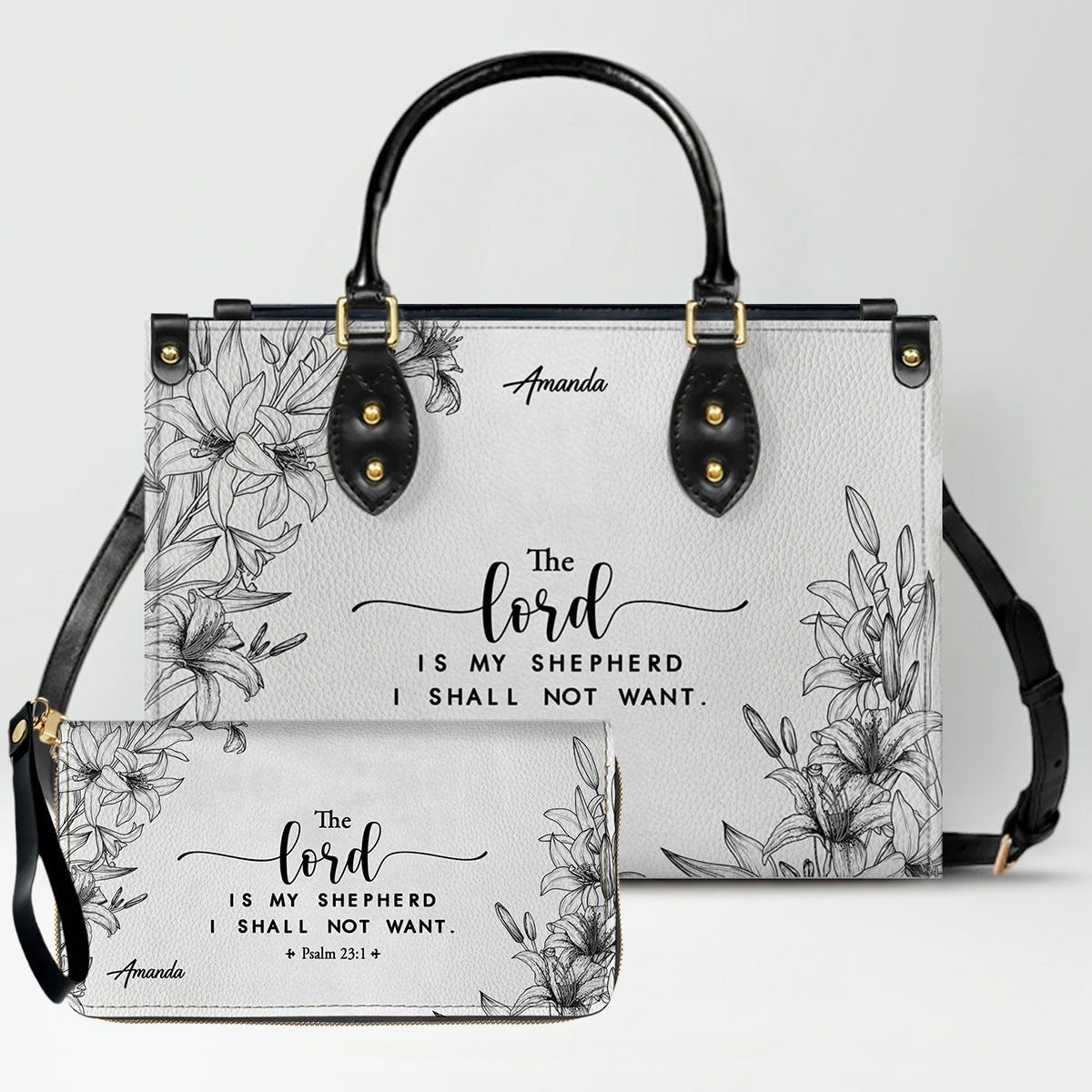 CHRISTIANARTBAG Personalized SET White Leather Bag with Wallet - Custom Bible Verse Handbag - Floral Christian Gifts for Her - Numbers 6:24-26 Blessing Tote