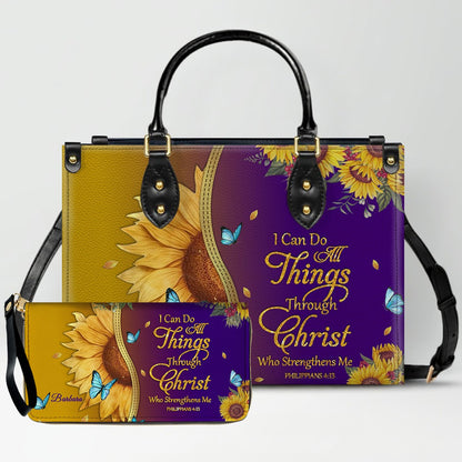 CHRISTIANARTBAG Personalized Leather Handbag & Wallet Set - Custom Bible Verse Sunflower Print - Religious Gift for Women