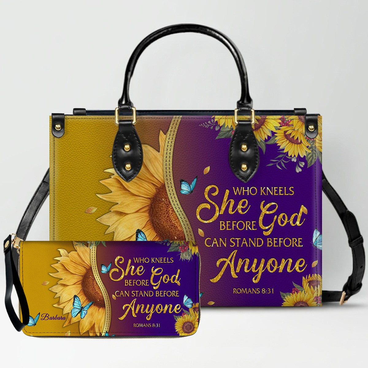 CHRISTIANARTBAG Personalized Leather Handbag & Wallet Set - Custom Bible Verse Sunflower Print - Religious Gift for Women