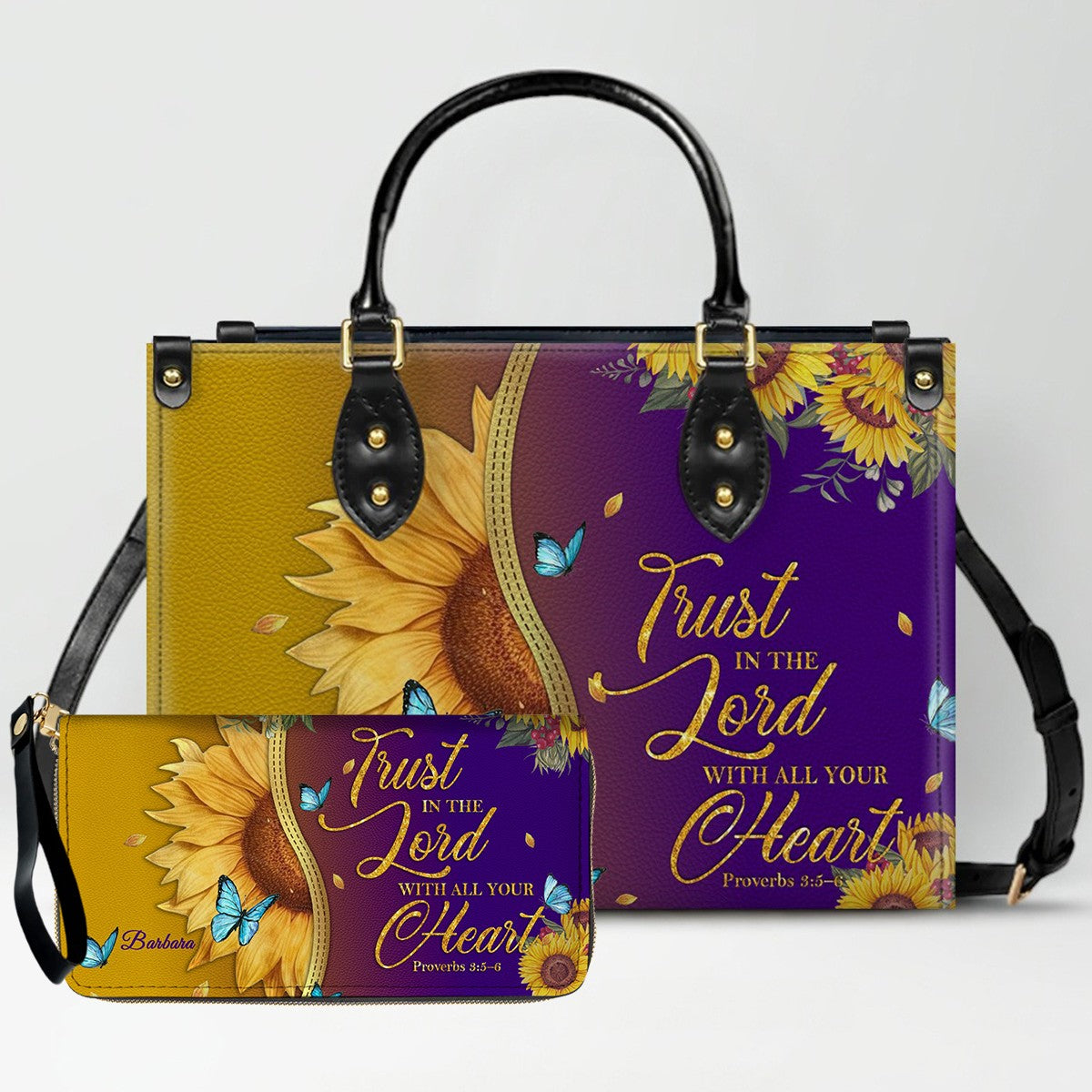 CHRISTIANARTBAG Personalized Leather Handbag & Wallet Set - Custom Bible Verse Sunflower Print - Religious Gift for Women