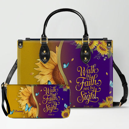 CHRISTIANARTBAG Personalized Leather Handbag & Wallet Set - Custom Bible Verse Sunflower Print - Religious Gift for Women