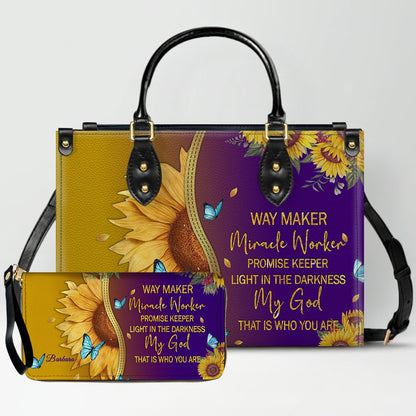 CHRISTIANARTBAG Personalized Leather Handbag & Wallet Set - Custom Bible Verse Sunflower Print - Religious Gift for Women