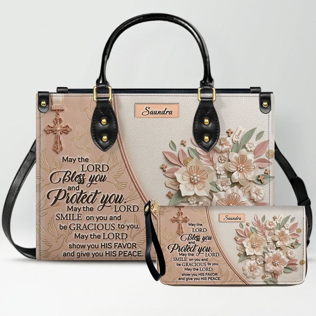 CHRISTIANARTBAG Personalized Leather Handbag and Wallet Set | Beige Custom Name Cross Purse & Long Wristlet Clutch CAB01061626