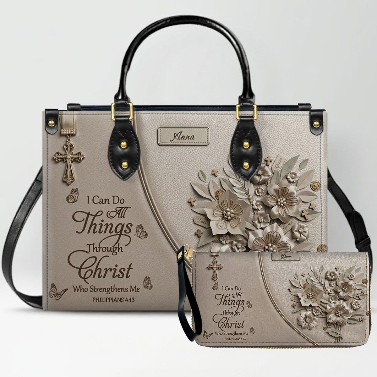 Custom Name Greige Leather Handbag | "I Can Do All Things Through Christ" Floral Design | CHRISTIANARTBAG 01070326