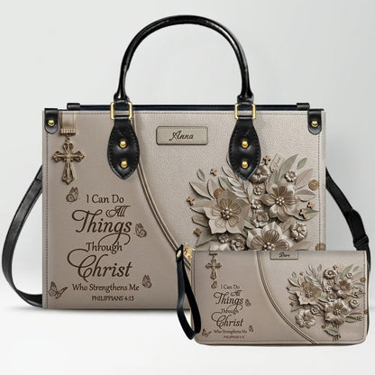 Custom Name Greige Leather Handbag | "I Can Do All Things Through Christ" Floral Design | CHRISTIANARTBAG 01070326