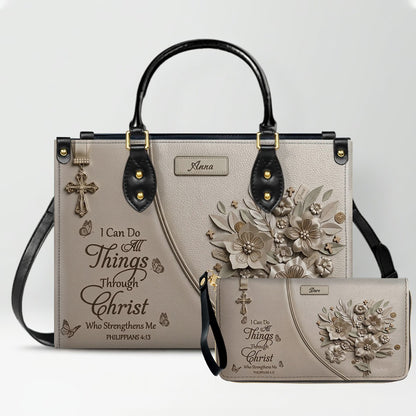 Custom Name Hand-Drawn Ink Sketch Leather Handbag | "I Can Do All Things Through Christ" Floral Design | CHRISTIANARTBAG 01070426