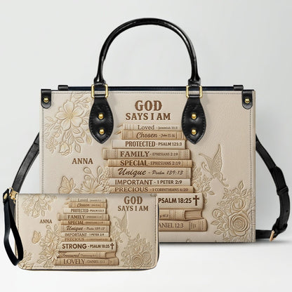 CHRISTIANARTBAG Personalized God Says I Am Leather Handbag - Custom Name Christian Bible Verse Stacked Books Tote Bag CAB01072226