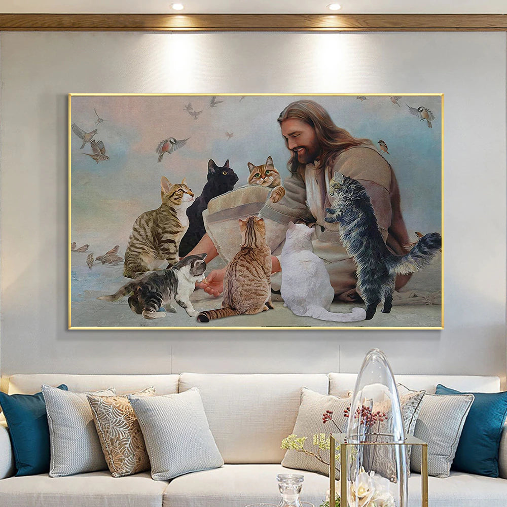 Christianartbag Home Decor, God Surrounded By Cats Angels Canvas Print Poster Jesus Wall Art Cozy Picture for Christian Gift Living Room Home Decor Cuadros - Christian Art Bag