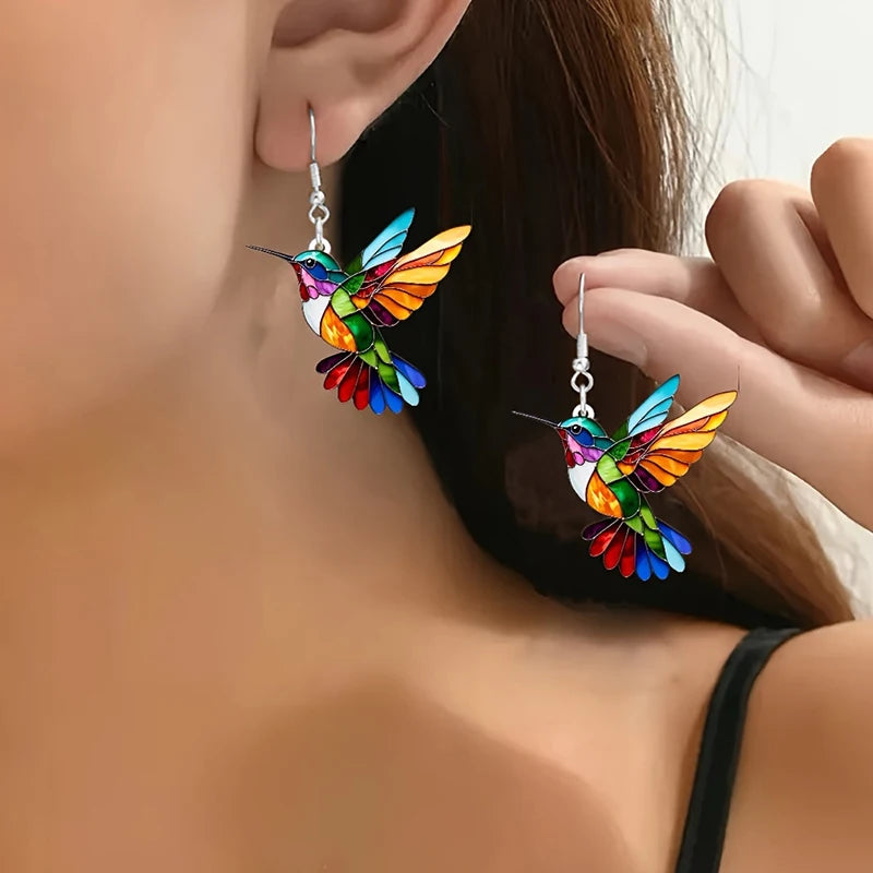 Colorful Hummingbird Drop Earrings - Stained Glass Style Bird Dangle Earrings for Women, Retro Fashion Jewelry Gift