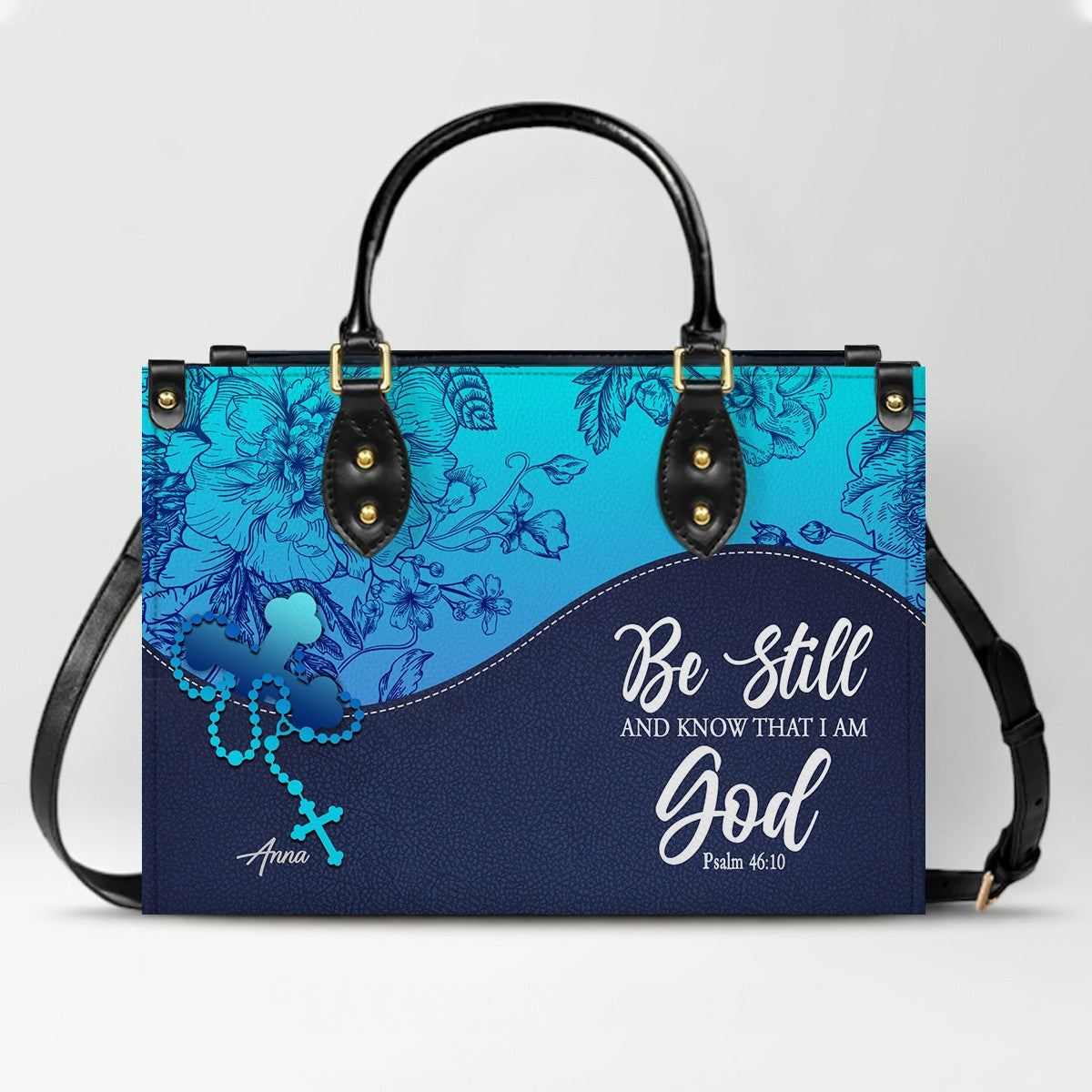 Sapphire Blue Personalized Leather Handbag – Christian Handbag with Bible Verses | Elegant Faith-Inspired Handbag