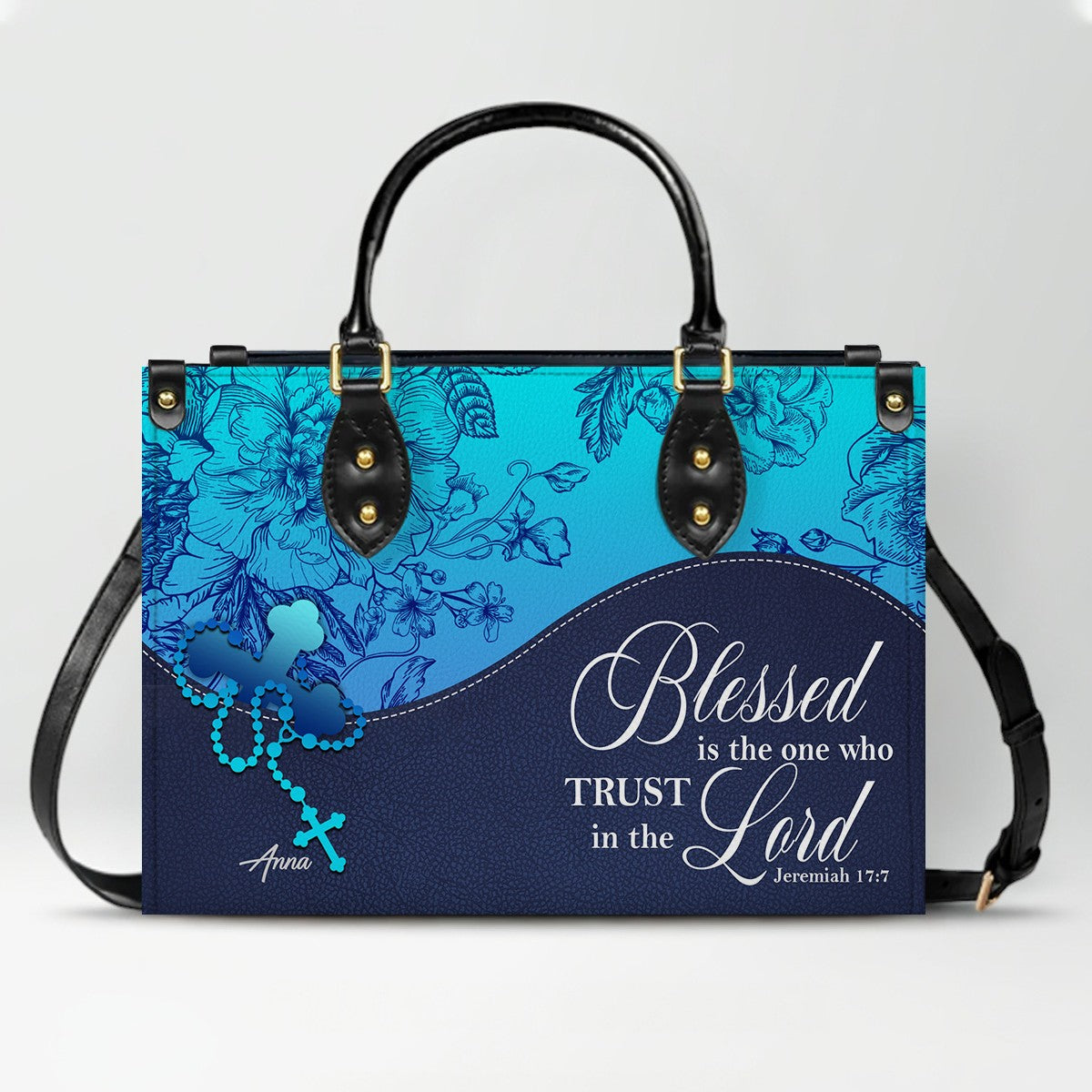 Sapphire Blue Personalized Leather Handbag – Christian Handbag with Bible Verses | Elegant Faith-Inspired Handbag