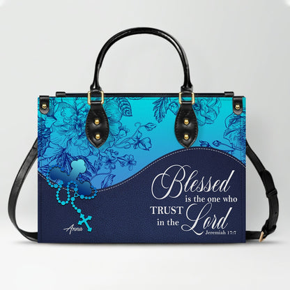 Sapphire Blue Personalized Leather Handbag – Christian Handbag with Bible Verses | Elegant Faith-Inspired Handbag