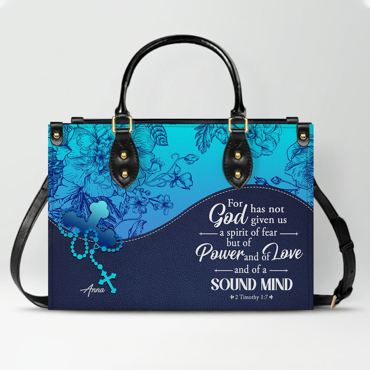 Sapphire Blue Personalized Leather Handbag – Christian Handbag with Bible Verses | Elegant Faith-Inspired Handbag