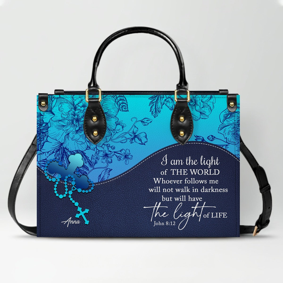 Sapphire Blue Personalized Leather Handbag – Christian Handbag with Bible Verses | Elegant Faith-Inspired Handbag