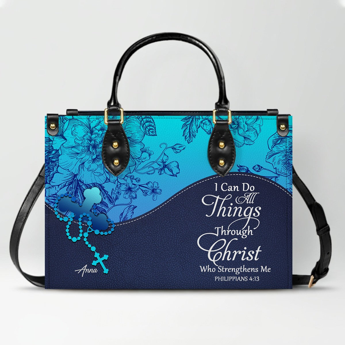 Sapphire Blue Personalized Leather Handbag – Christian Handbag with Bible Verses | Elegant Faith-Inspired Handbag