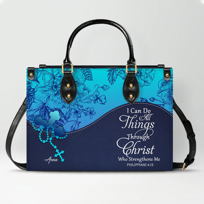 Sapphire Blue Personalized Leather Handbag – Christian Handbag with Bible Verses | Elegant Faith-Inspired Handbag