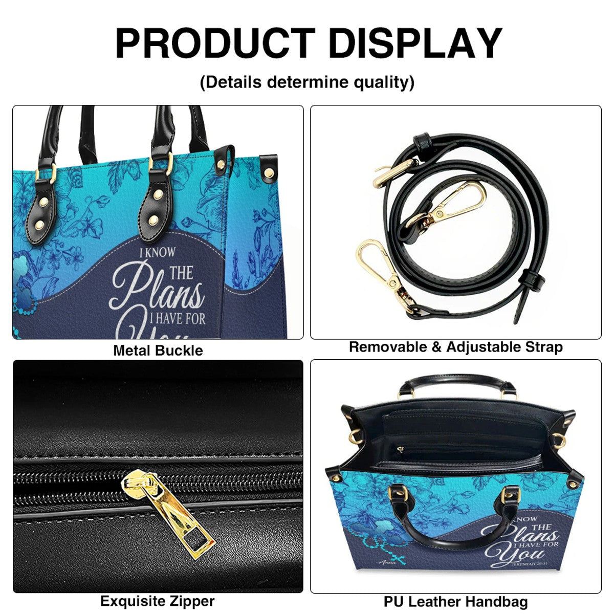 Sapphire Blue Personalized Leather Handbag – Christian Handbag with Bible Verses | Elegant Faith-Inspired Handbag