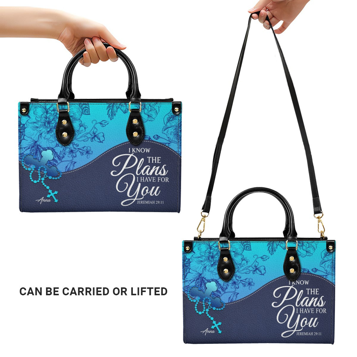 Sapphire Blue Personalized Leather Handbag – Christian Handbag with Bible Verses | Elegant Faith-Inspired Handbag