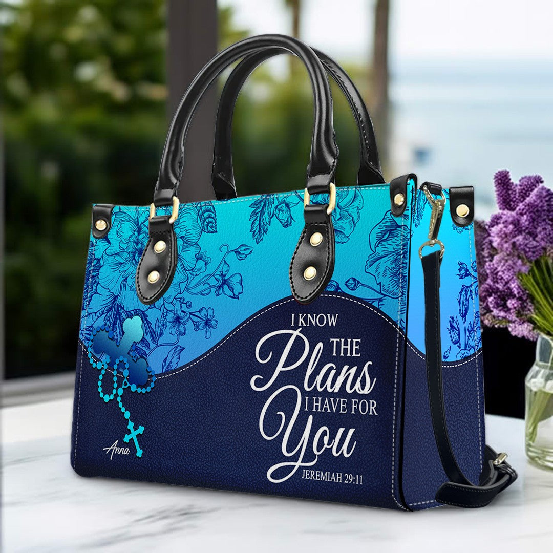 Sapphire Blue Personalized Leather Handbag – Christian Handbag with Bible Verses | Elegant Faith-Inspired Handbag