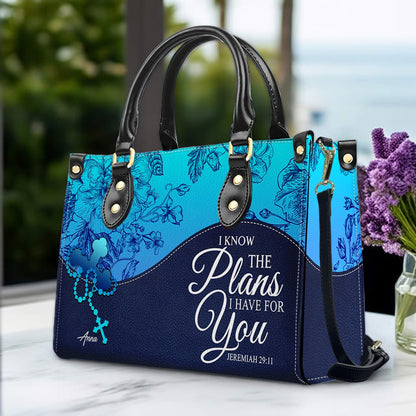 Sapphire Blue Personalized Leather Handbag – Christian Handbag with Bible Verses | Elegant Faith-Inspired Handbag