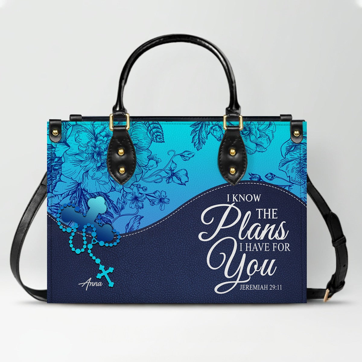 Sapphire Blue Personalized Leather Handbag – Christian Handbag with Bible Verses | Elegant Faith-Inspired Handbag