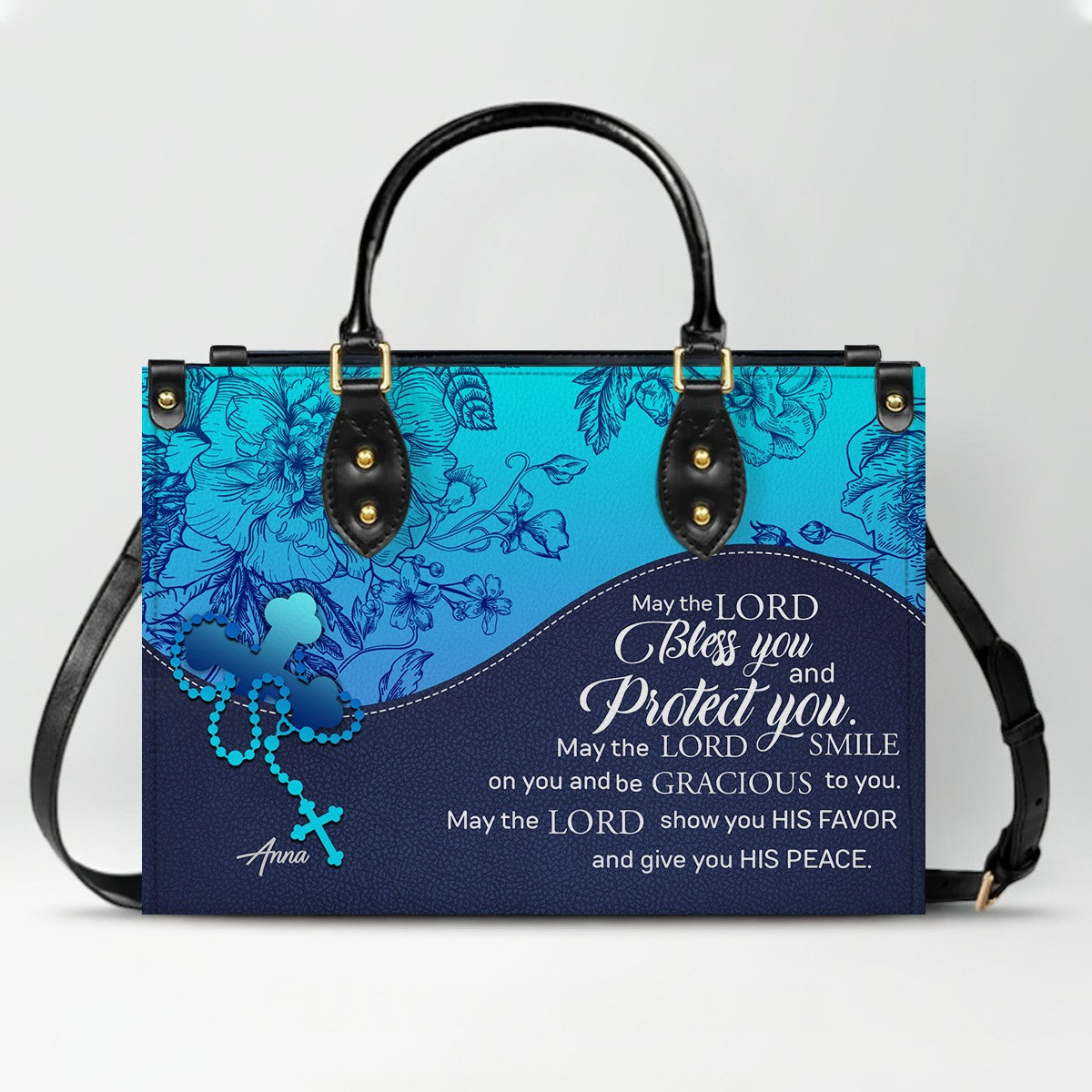 Sapphire Blue Personalized Leather Handbag – Christian Handbag with Bible Verses | Elegant Faith-Inspired Handbag