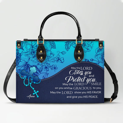 Sapphire Blue Personalized Leather Handbag – Christian Handbag with Bible Verses | Elegant Faith-Inspired Handbag