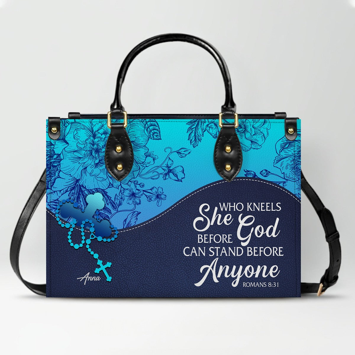 Sapphire Blue Personalized Leather Handbag – Christian Handbag with Bible Verses | Elegant Faith-Inspired Handbag