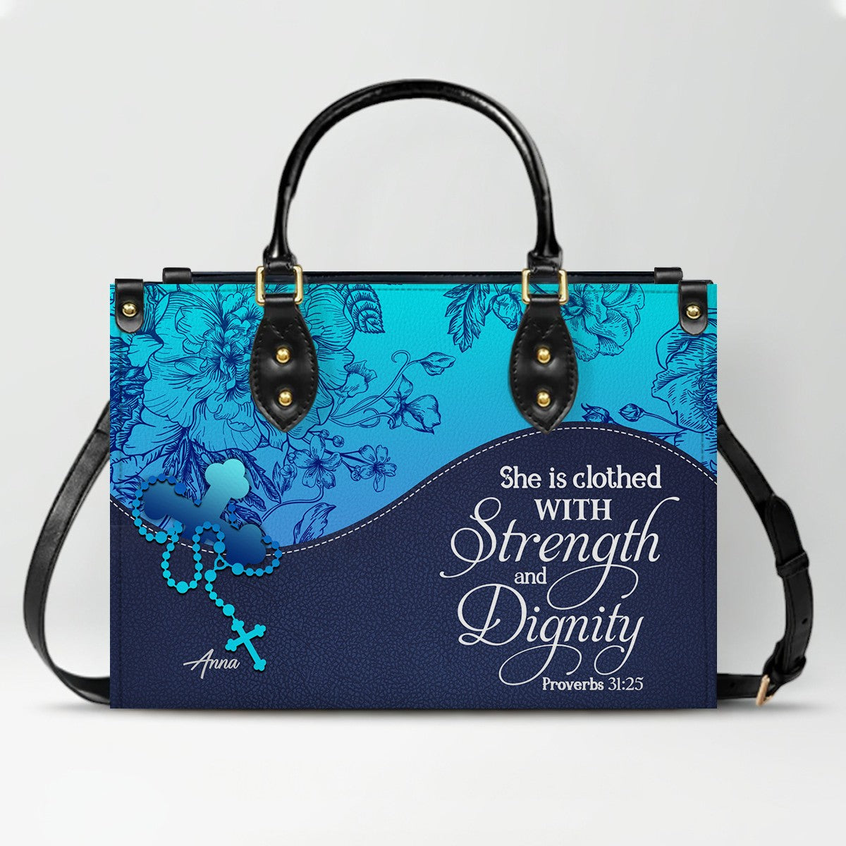 Sapphire Blue Personalized Leather Handbag – Christian Handbag with Bible Verses | Elegant Faith-Inspired Handbag