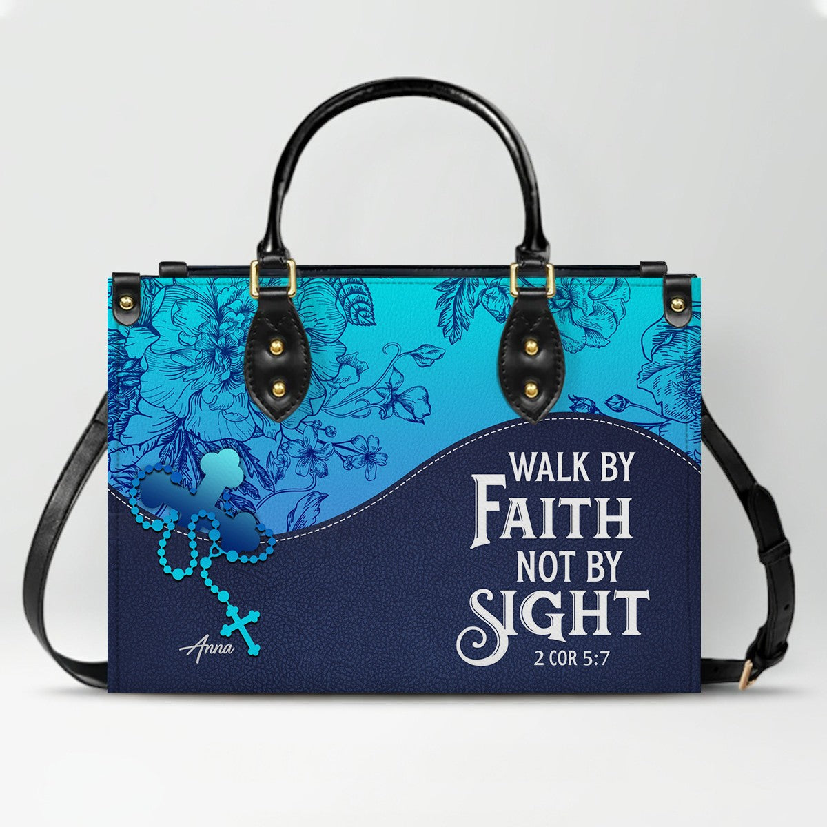 Sapphire Blue Personalized Leather Handbag – Christian Handbag with Bible Verses | Elegant Faith-Inspired Handbag