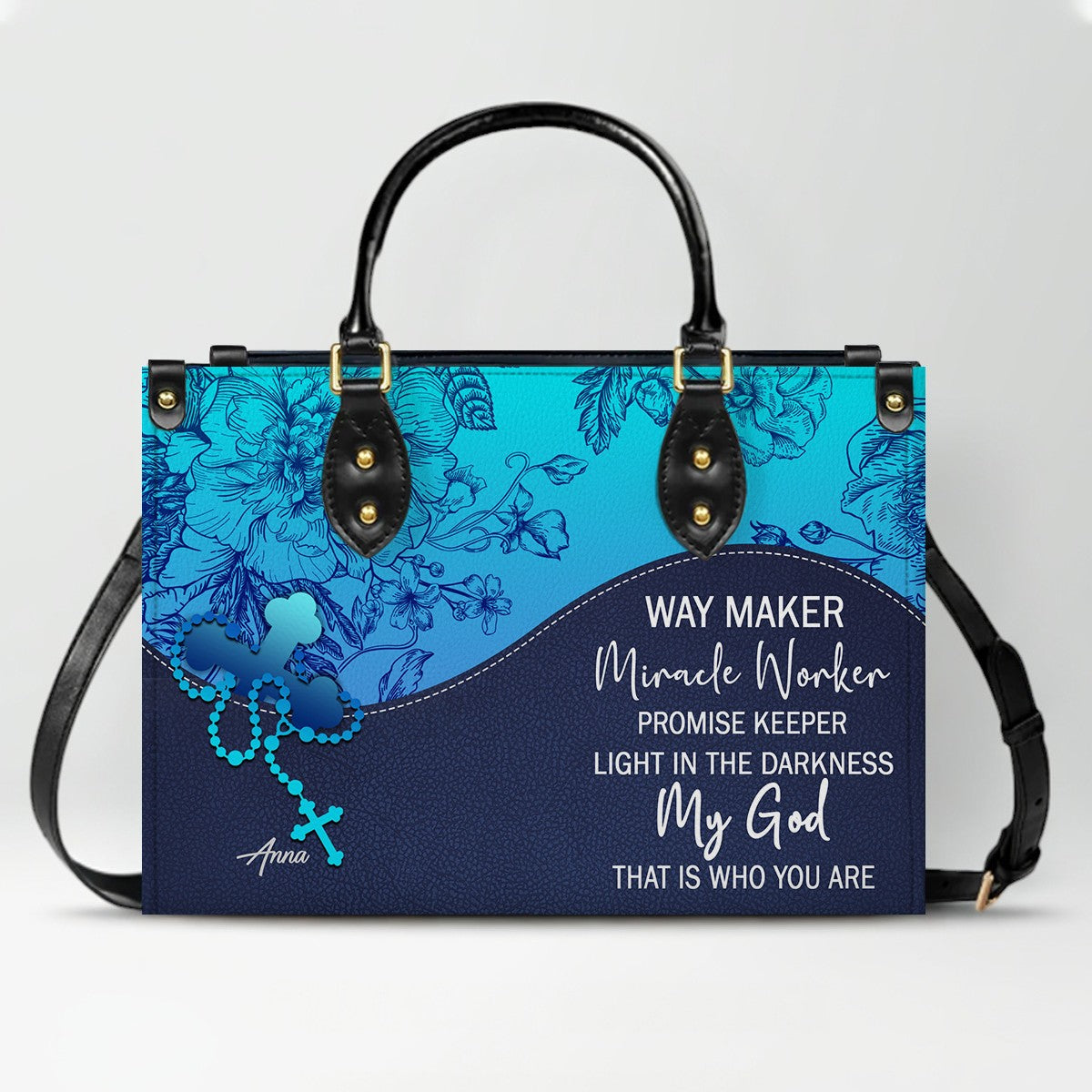 Sapphire Blue Personalized Leather Handbag – Christian Handbag with Bible Verses | Elegant Faith-Inspired Handbag