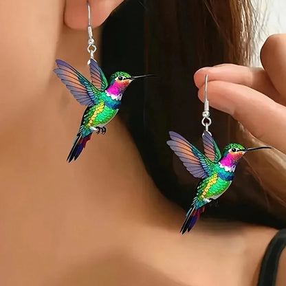 Colorful Hummingbird Drop Earrings - Stained Glass Style Bird Dangle Earrings for Women, Retro Fashion Jewelry Gift