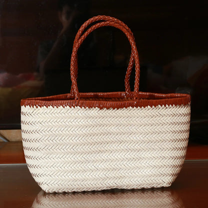 CHRISTIANARTBAG Genuine Leather Woven Tote Bag – Handcrafted Vintage Cowhide Shoulder Purse for Women, Large Capacity Artisan Basket Bag