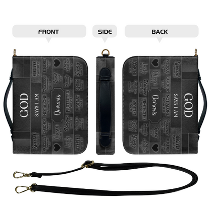 CHRISTIANARTBAG Personalized Bible Cover - Custom Name "God Says I Am" Bible Case - Black Faux Leather Journal Protector with Shoulder Strap for Women & Men CAB01041526