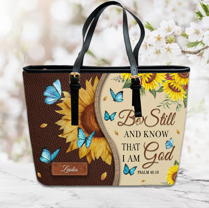 Christianart Designer Handbags, Be Still And Know That I Am God Psalm 46:10 Sunflower Butterfly, Personalized Gifts, Gifts for Women, Christmas Gift.