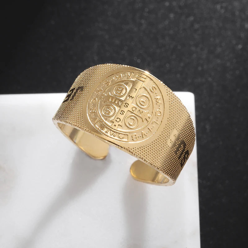 Saint Benedict Ring for Men Women - Stainless Steel Catholic Exorcism Protection Ring - Religious Christian Jewelry Adjustable Size