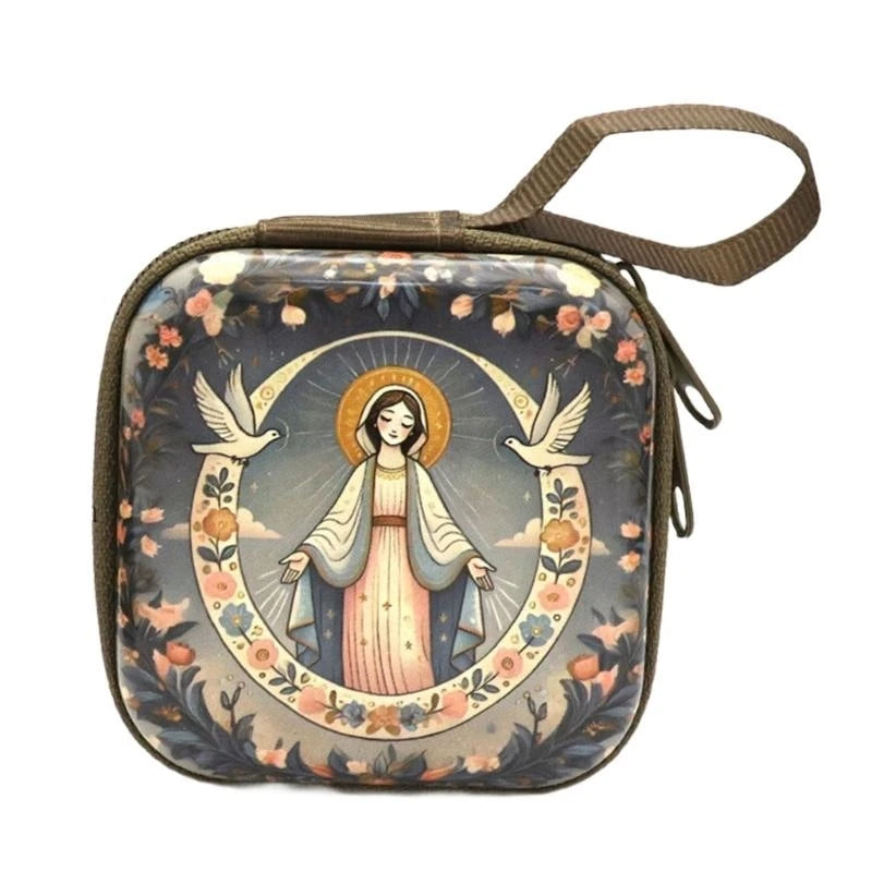 Catholic Rosary Case & Religious Jewelry Storage Box | Mini Square Prayer Bag with Zipper | Christian Icon Coin Purse for Rosary, Medals, and Crosses