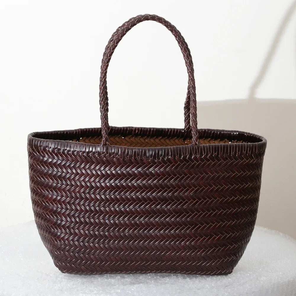CHRISTIANARTBAG Genuine Leather Woven Tote Bag – Handcrafted Vintage Cowhide Shoulder Purse for Women, Large Capacity Artisan Basket Bag