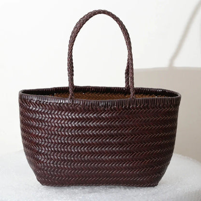 CHRISTIANARTBAG Genuine Leather Woven Tote Bag – Handcrafted Vintage Cowhide Shoulder Purse for Women, Large Capacity Artisan Basket Bag