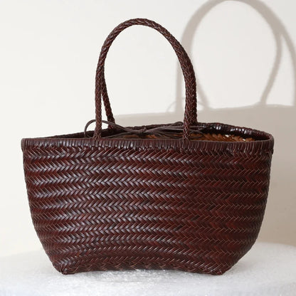 CHRISTIANARTBAG Genuine Leather Woven Tote Bag – Handcrafted Vintage Cowhide Shoulder Purse for Women, Large Capacity Artisan Basket Bag