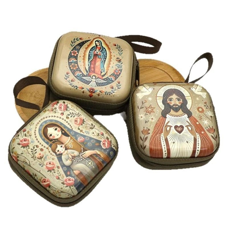 Catholic Rosary Case & Religious Jewelry Storage Box | Mini Square Prayer Bag with Zipper | Christian Icon Coin Purse for Rosary, Medals, and Crosses