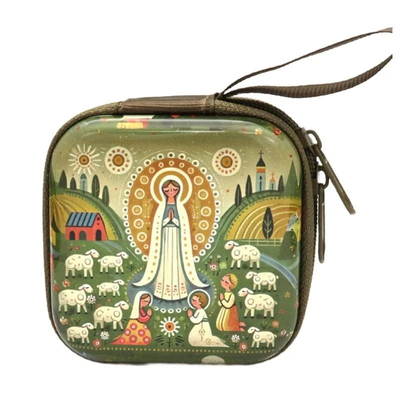 Catholic Rosary Case & Religious Jewelry Storage Box | Mini Square Prayer Bag with Zipper | Christian Icon Coin Purse for Rosary, Medals, and Crosses